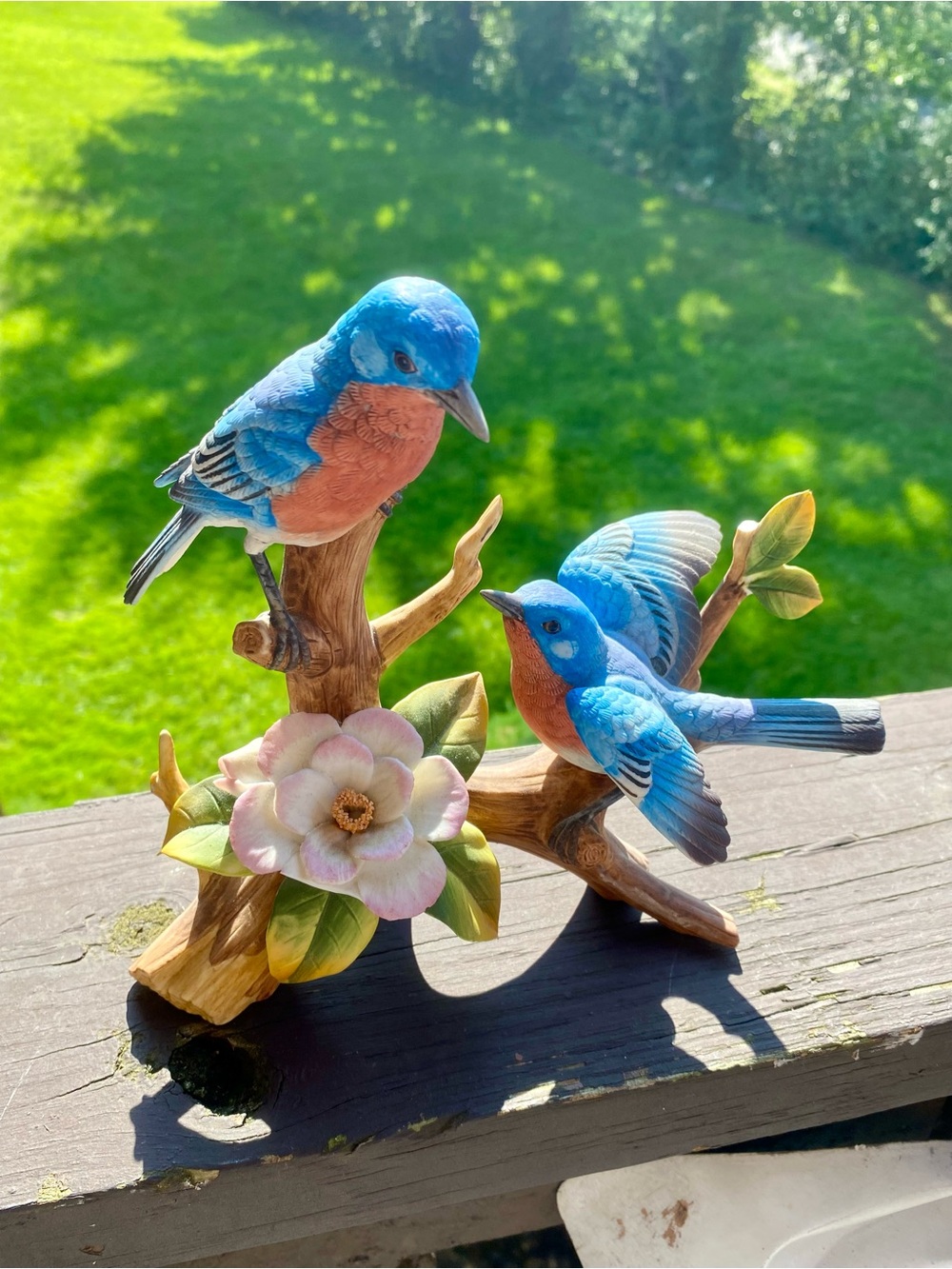 Blue and Coral Songbird Figurine Pair on Branch - Decorative Bird Statue